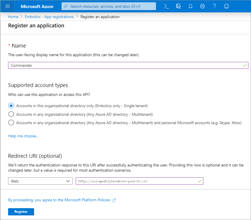 Azure Portal: Registering an application