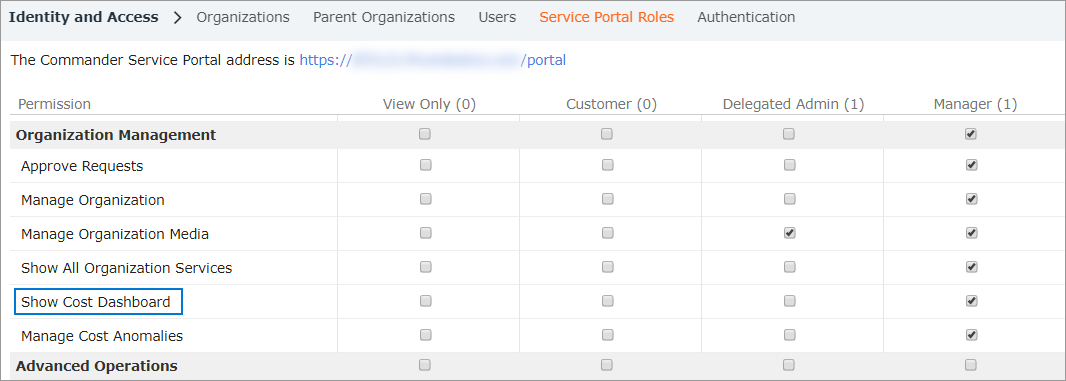 Service Portal Roles - Show Cost Dashboard permission