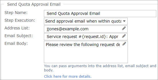 Send Quota Approval Email step configured to a specific user